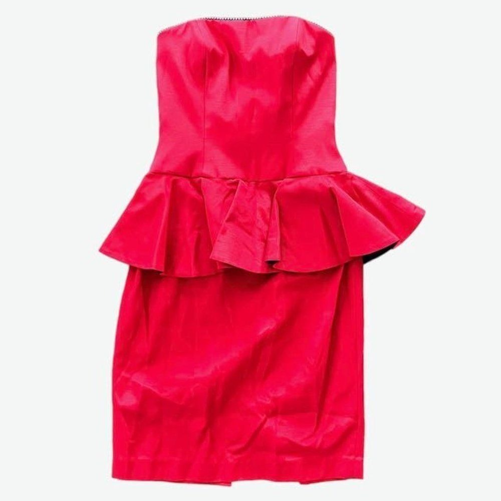 Vintage AJ Bari Red Strapless Peplum Cocktail Dress Rhinestone Bow 4 80s USA